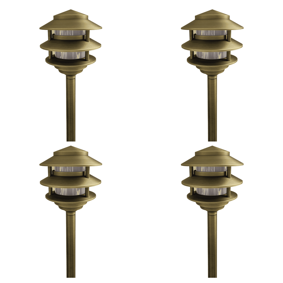 Outdoor Landscape Lighting LED 12V Low Voltage PLB22 4x/8x/12x Package Cast Brass Pagoda LED 12V Low Voltage Pathway Outdoor Lighting Landscape Fixture with G4 3W 3000K Bulb Natural Brass 4 Pack