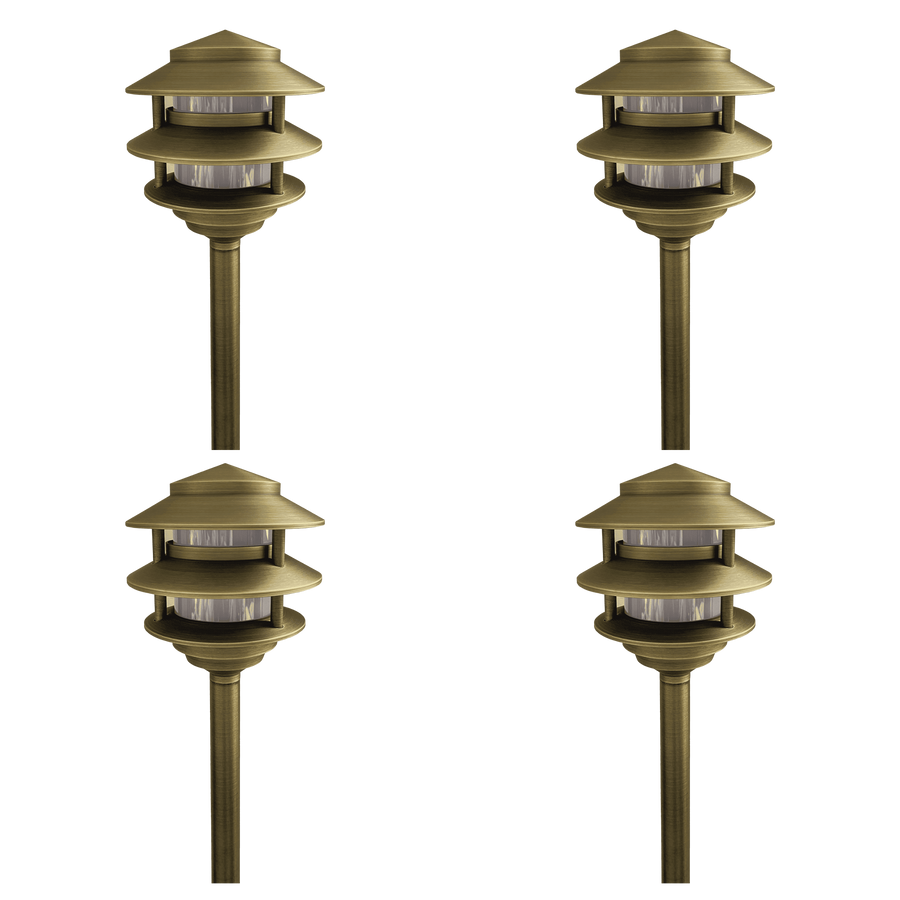 Outdoor Landscape Lighting LED 12V Low Voltage PLB22 4x/8x/12x Package Cast Brass Pagoda LED 12V Low Voltage Pathway Outdoor Lighting Landscape Fixture with G4 3W 3000K Bulb Natural Brass 4 Pack