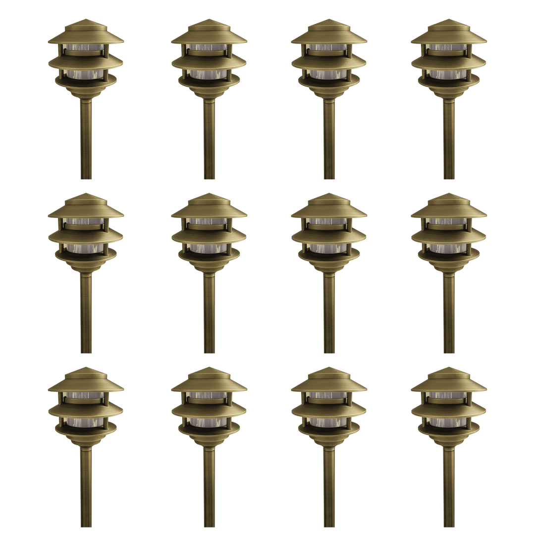 Outdoor Landscape Lighting LED 12V Low Voltage PLB22 4x/8x/12x Package Cast Brass Pagoda LED 12V Low Voltage Pathway Outdoor Lighting Landscape Fixture with G4 3W 3000K Bulb Natural Brass 12 Pack