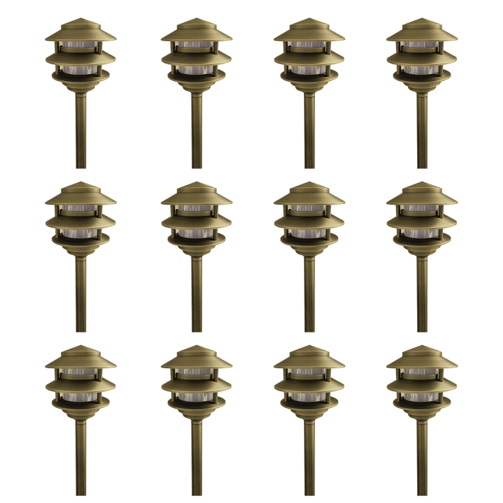 Outdoor Landscape Lighting LED 12V Low Voltage PLB22 4x/8x/12x Package Cast Brass Pagoda LED 12V Low Voltage Pathway Outdoor Lighting Landscape Fixture with G4 3W 3000K Bulb Natural Brass 12 Pack