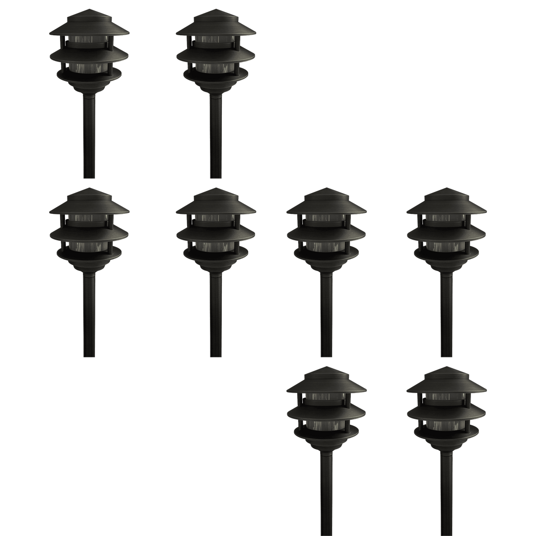 Outdoor Landscape Lighting LED 12V Low Voltage PLB22 4x/8x/12x Package Cast Brass Pagoda LED 12V Low Voltage Pathway Outdoor Lighting Landscape Fixture with G4 3W 3000K Bulb Dark Brass 8 Pack