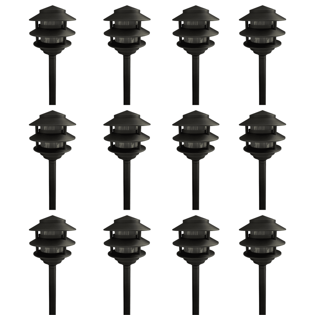 Outdoor Landscape Lighting LED 12V Low Voltage PLB22 4x/8x/12x Package Cast Brass Pagoda LED 12V Low Voltage Pathway Outdoor Lighting Landscape Fixture with G4 3W 3000K Bulb Dark Brass 12 Pack