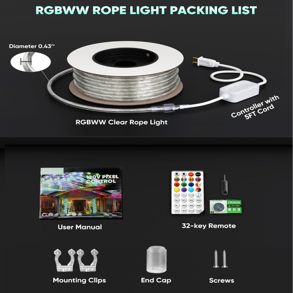 Outdoor Landscape Lighting LED 12V Low Voltage SLNR17 Dotted Neon RGBIC+CCT LED Strip Light 110V IP65 Outdoor Rated Dimmable High Voltage Flexible Rope Light , Mounting Clips, End Cap, Screws, Remote Control and Power Supply
