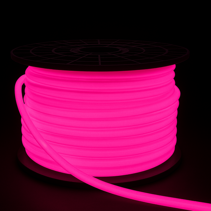 Outdoor Landscape Lighting LED 12V Low Voltage SLN11 Dotless Neon LED Strip Light 360° 120V 4W/ft IP67 Outdoor Rated Dimmable High Voltage Slim 16x16mm Silicone Strip Light with Holder, IR Remote, and Adapter with Power Supply Pink