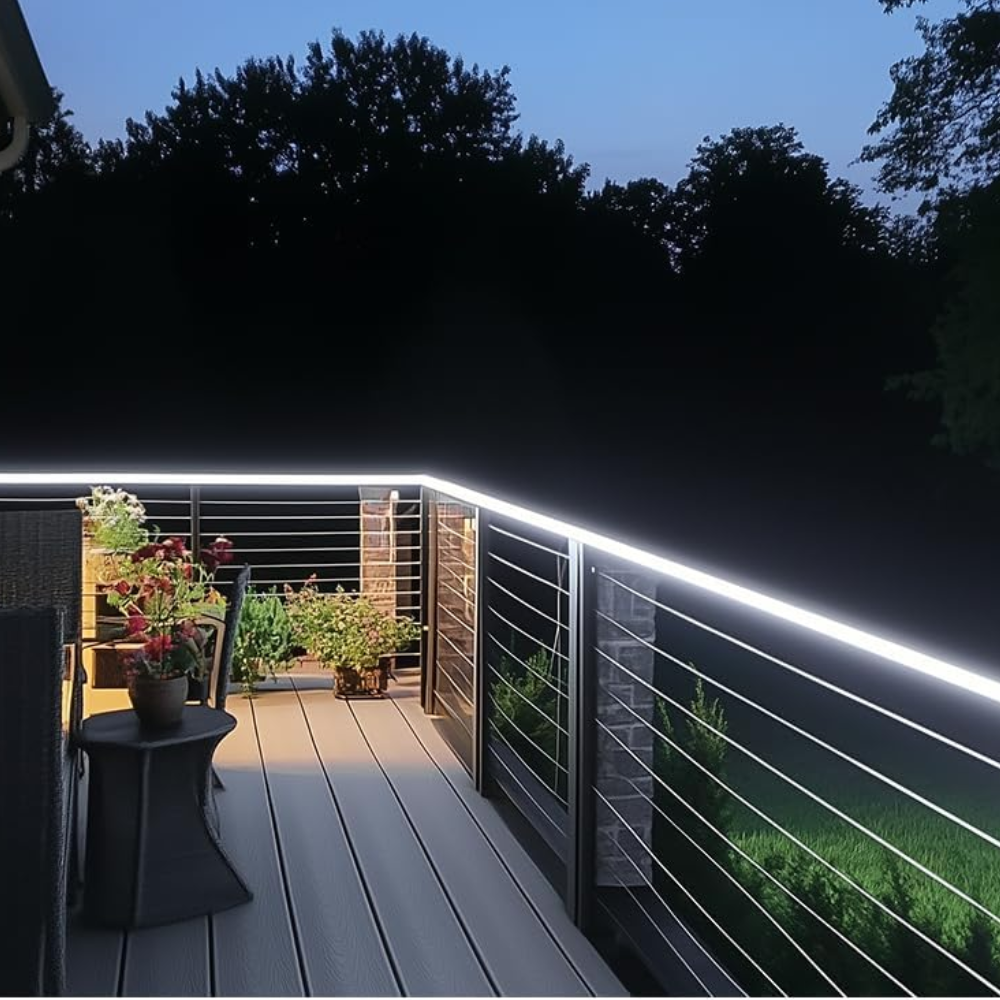 Outdoor Landscape Lighting LED 12V Low Voltage SLN14 Dotless Neon LED Strip Light 120V 3W/ft 120LEDs/M Free Bend IP65 Outdoor Rated High Voltage Soft Silicone Strip Light with Aluminum Clamps, Screws, End Cap and Power Cable