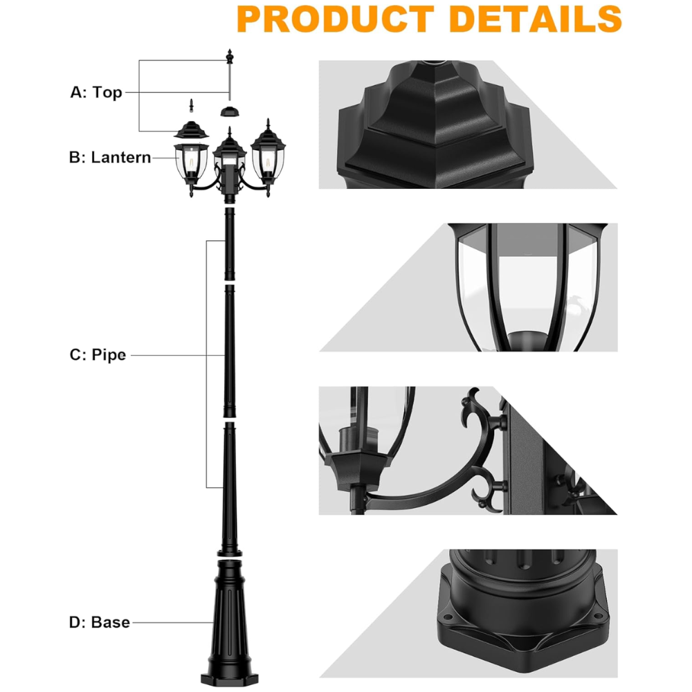 Outdoor Landscape Lighting LED 12V Low Voltage PLH02 Classic Black or White Aluminum 3-Head Post Light 92.5" Pole with Glass Panels 3 E26 Base Medium Base Socket 120V with for Garden, Exterior Lighting
