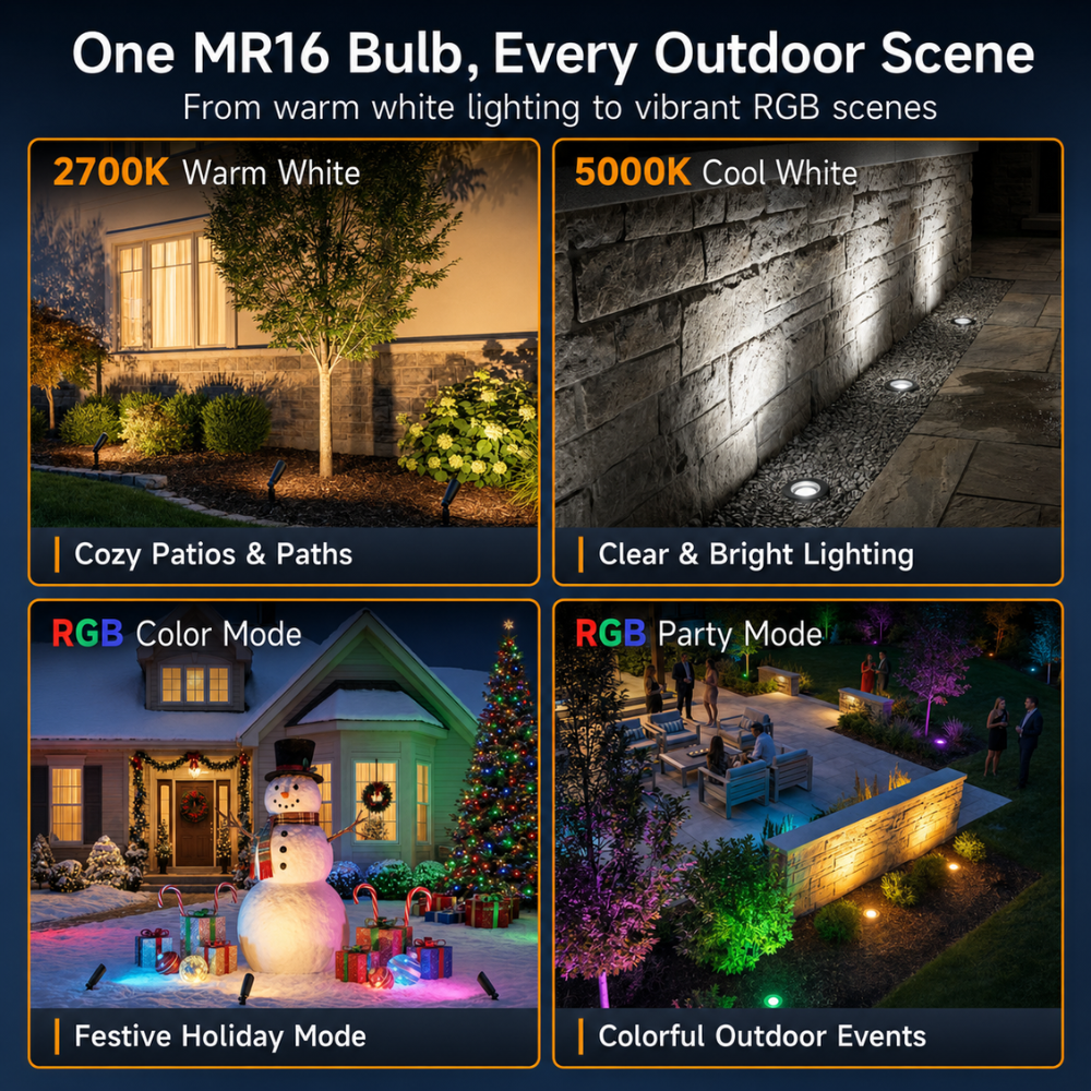 Outdoor Landscape Lighting LED 12V Low Voltage MR16 RGBCW 2700K-5000K Smart Bluetooth 5W 12V Low Voltage LED Bulbs 45° Dimmable Energy Saving Waterproof Light with Antenna and Remote Control