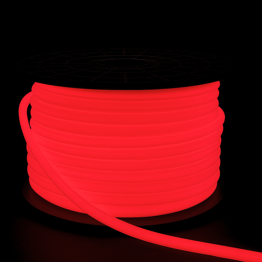 Outdoor Landscape Lighting LED 12V Low Voltage SLN11 Dotless Neon LED Strip Light 360° 120V 4W/ft IP67 Outdoor Rated Dimmable High Voltage Slim 16x16mm Silicone Strip Light with Holder, IR Remote, and Adapter with Power Supply Red