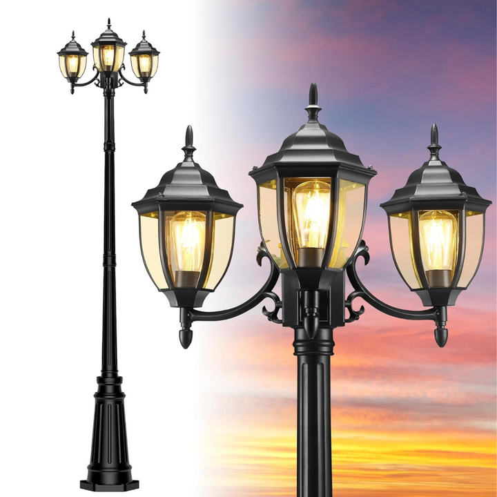 Outdoor Landscape Lighting LED 12V Low Voltage PLH02 Classic Black or White Aluminum 3-Head Post Light 92.5" Pole with Glass Panels 3 E26 Base Medium Base Socket 120V with for Garden, Exterior Lighting