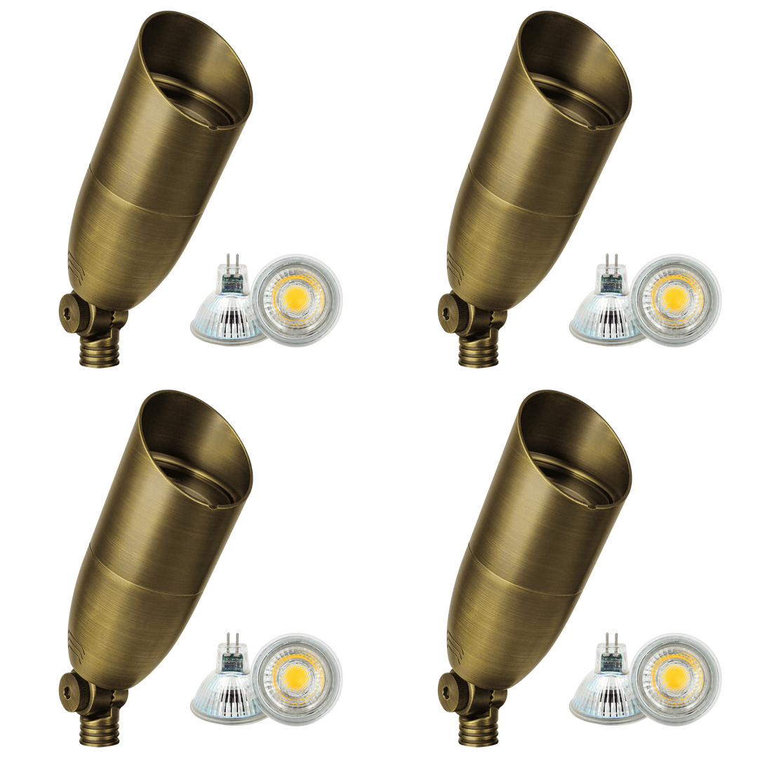 Outdoor Landscape Lighting LED 12V Low Voltage SPB13 4x/8x/12x Package 3W-12W Adjustable Integrated LED 12V Low Voltage Outdoor Landscape Lighting Bullet Style Brass Spotlight Natural Brass 4 Pack