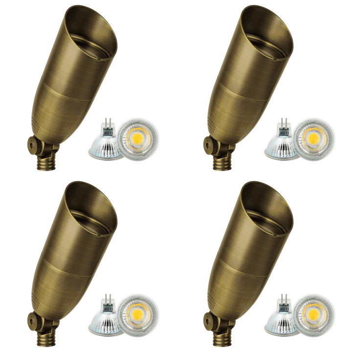 Outdoor Landscape Lighting LED 12V Low Voltage SPB13 4x/8x/12x Package 3W-12W Adjustable Integrated LED 12V Low Voltage Outdoor Landscape Lighting Bullet Style Brass Spotlight Natural Brass 4 Pack