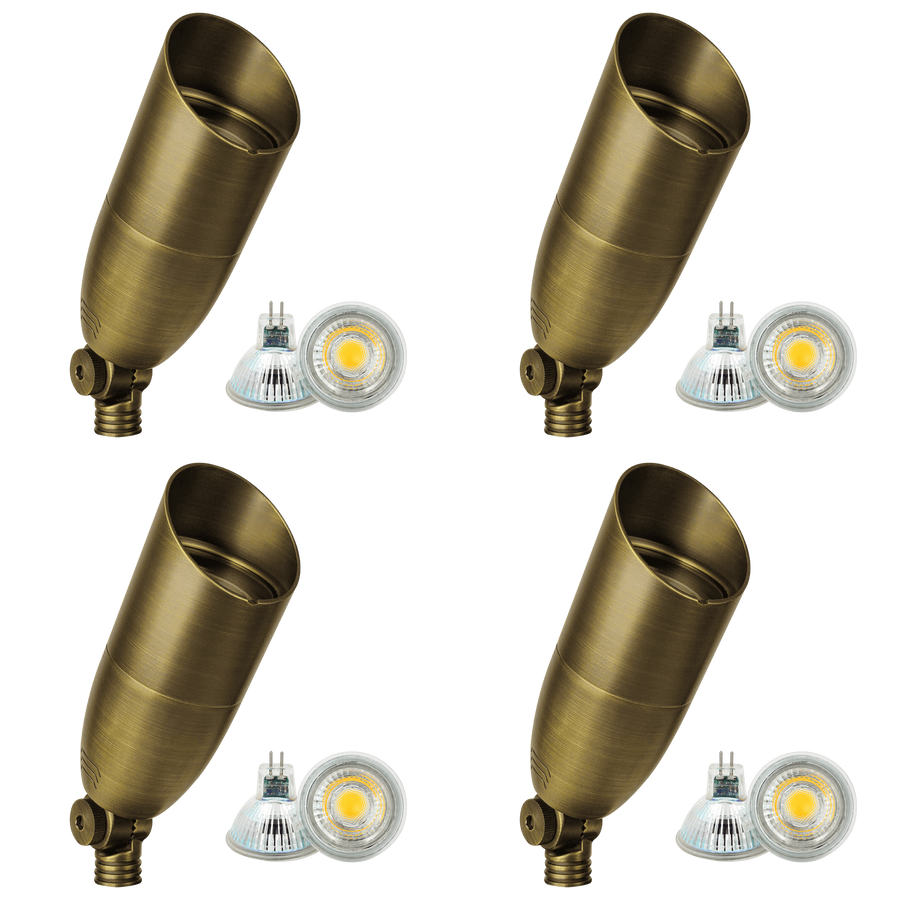 Outdoor Landscape Lighting LED 12V Low Voltage SPB13 4x/8x/12x Package 3W-12W Adjustable Integrated LED 12V Low Voltage Outdoor Landscape Lighting Bullet Style Brass Spotlight Natural Brass 4 Pack