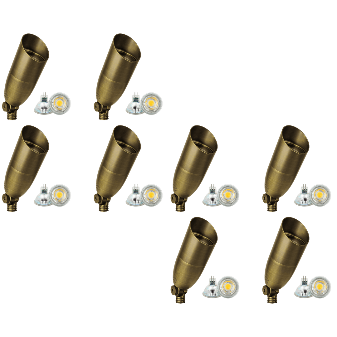 Outdoor Landscape Lighting LED 12V Low Voltage SPB13 4x/8x/12x Package 3W-12W Adjustable Integrated LED 12V Low Voltage Outdoor Landscape Lighting Bullet Style Brass Spotlight Natural Brass 8 Pack