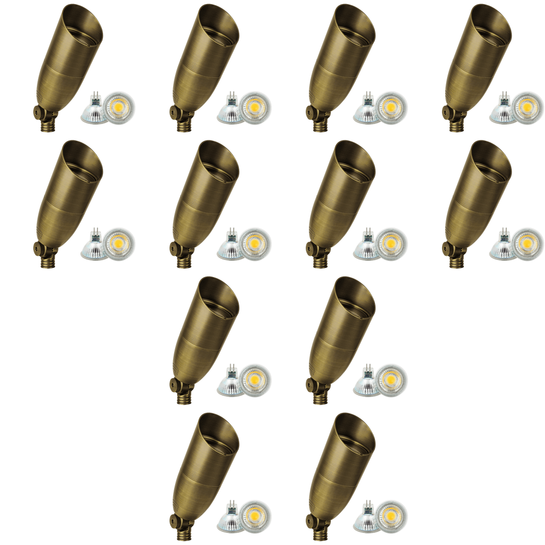 Outdoor Landscape Lighting LED 12V Low Voltage SPB13 4x/8x/12x Package 3W-12W Adjustable Integrated LED 12V Low Voltage Outdoor Landscape Lighting Bullet Style Brass Spotlight Natural Brass 12 Pack
