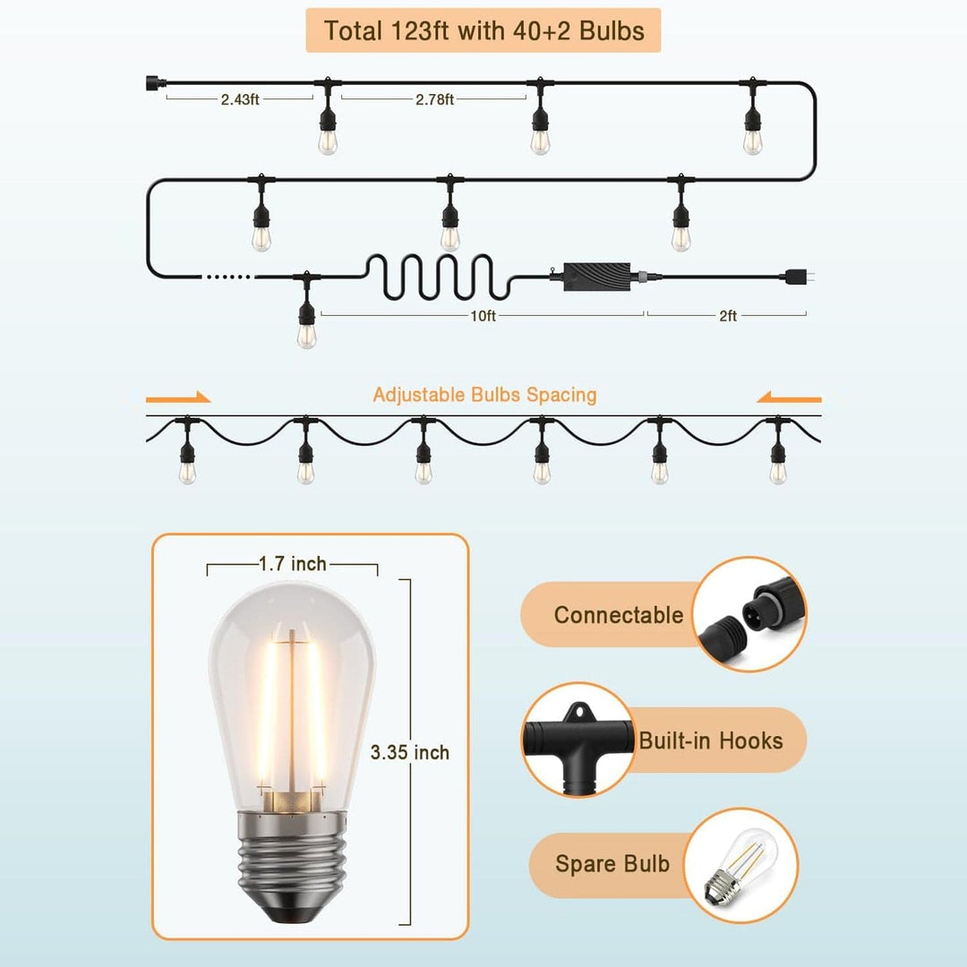 Outdoor Landscape Lighting LED 12V Low Voltage SL102 LED Dimmable Smart Bistro String Lights Outdoor Weatherproof 12V Edison Bulbs 123 FT - 40 Bulbs (Not Connectable)