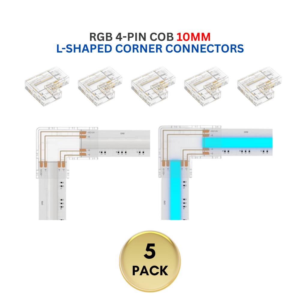 Outdoor Landscape Lighting LED 12V Low Voltage 5-Pack SLD 4-Pin Low Voltage RGB COB LED Strip Connectors - 10mm Dotless Strip Light Accessories 10mm 4-Pin L-Shaped Corner Connector