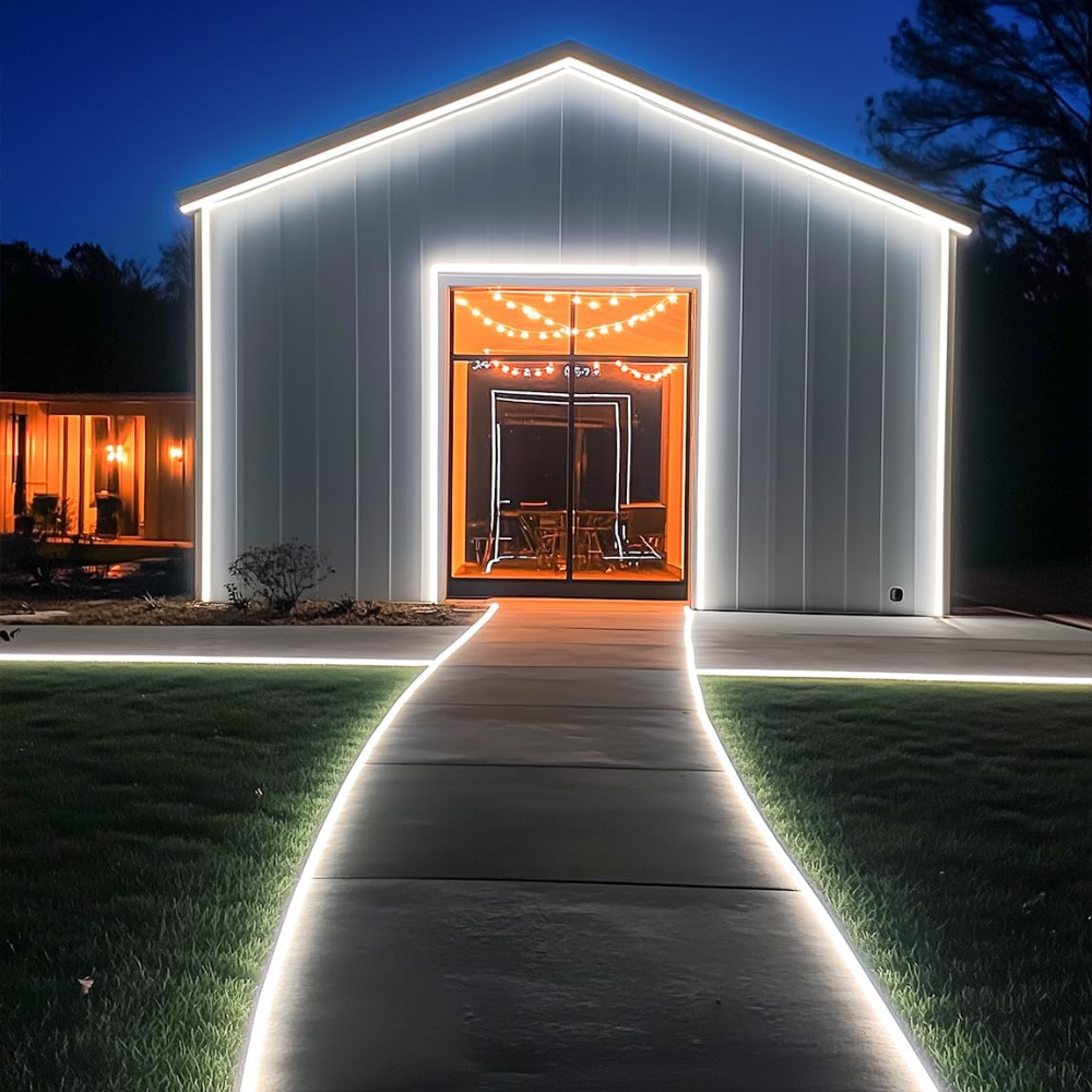 Outdoor Landscape Lighting LED 12V Low Voltage SLN14 Dotless Neon LED Strip Light 120V 3W/ft 120LEDs/M Free Bend IP65 Outdoor Rated High Voltage Soft Silicone Strip Light with Aluminum Clamps, Screws, End Cap and Power Cable