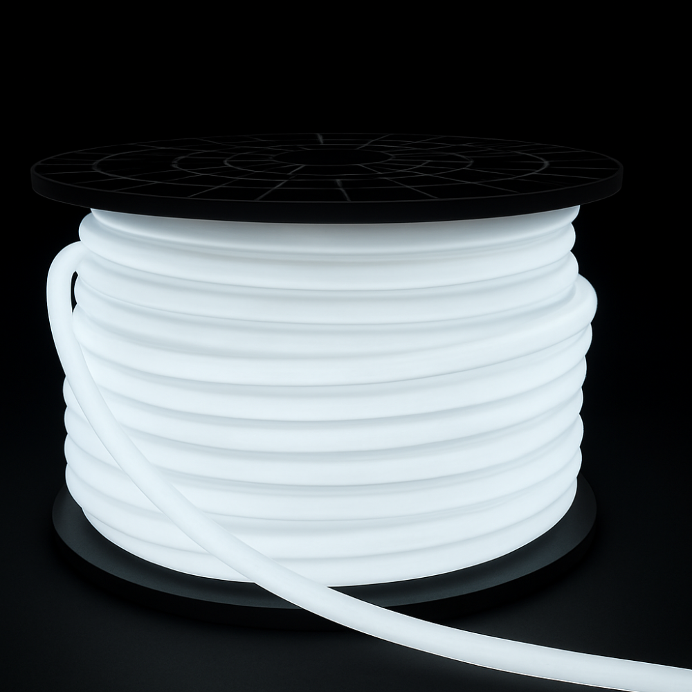 Outdoor Landscape Lighting LED 12V Low Voltage SLN11 Dotless Neon LED Strip Light 360° 120V 4W/ft IP67 Outdoor Rated Dimmable High Voltage Slim 16x16mm Silicone Strip Light with Holder, IR Remote, and Adapter with Power Supply 6000K Cool White