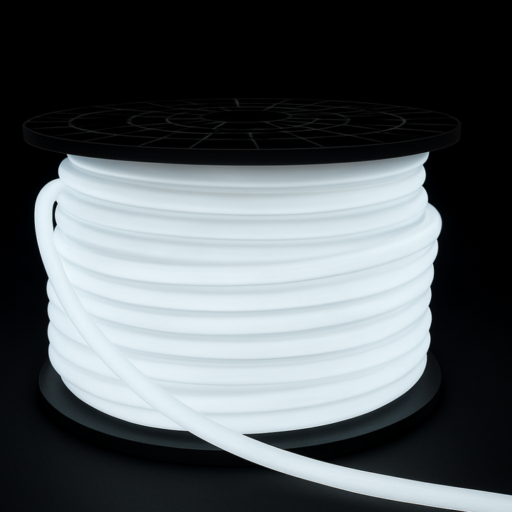 Outdoor Landscape Lighting LED 12V Low Voltage SLN11 Dotless Neon LED Strip Light 360° 120V 4W/ft IP67 Outdoor Rated Dimmable High Voltage Slim 16x16mm Silicone Strip Light with Holder, IR Remote, and Adapter with Power Supply 6000K Cool White
