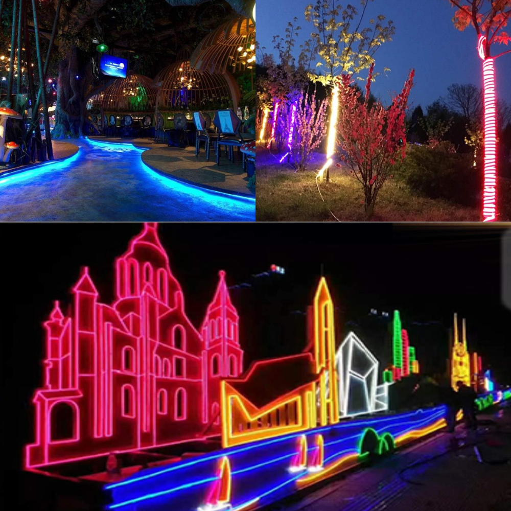 Outdoor Landscape Lighting LED 12V Low Voltage SLN11 Dotless Neon LED Strip Light 360° 120V 4W/ft IP67 Outdoor Rated Dimmable High Voltage Slim 16x16mm Silicone Strip Light with Holder, IR Remote, and Adapter with Power Supply