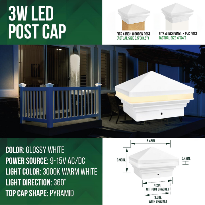 Outdoor Landscape Lighting LED 12V Low Voltage CPL04 Modern Pyramid-Top 12V AC/DC Low Voltage 3W 2700K/3000K 150 Lumens LED Post Cap Light for 3.5x3.5 or 4x4 Posts IP65 Waterproof 3000K Warm White White