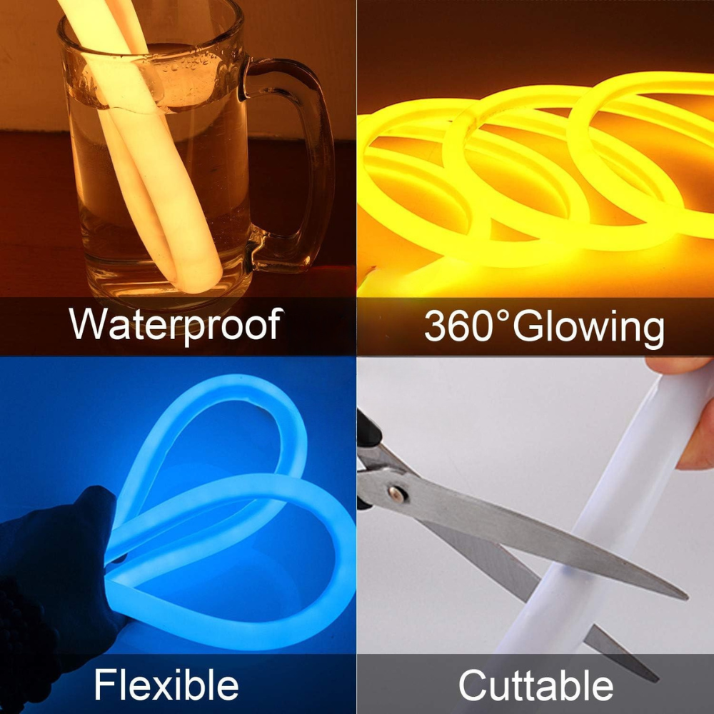 Outdoor Landscape Lighting LED 12V Low Voltage SLN11 Dotless Neon LED Strip Light 360° 120V 4W/ft IP67 Outdoor Rated Dimmable High Voltage Slim 16x16mm Silicone Strip Light with Holder, IR Remote, and Adapter with Power Supply