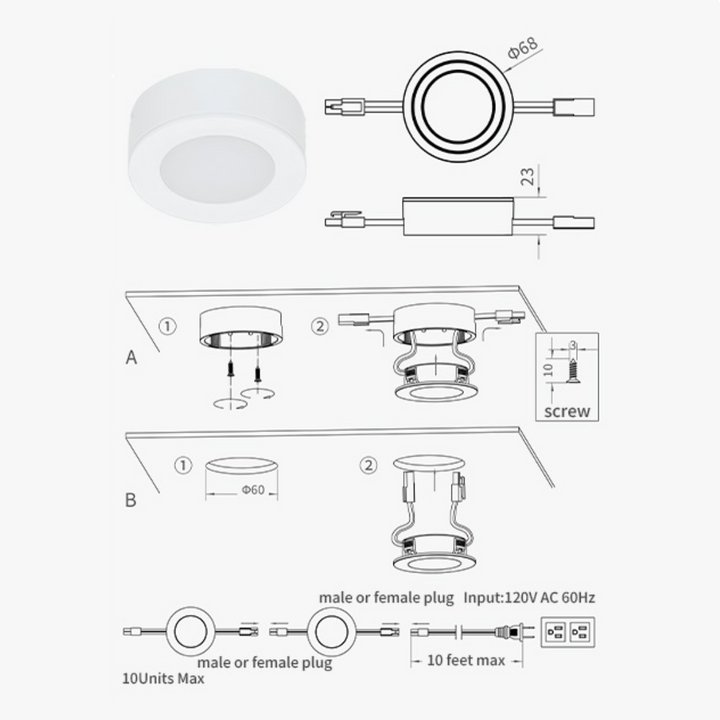 Outdoor Landscape Lighting LED 12V Low Voltage CBA03 3x/5x Pack 2.7W 2.68" 3000K Dimmable Recessed and Surface Mounted Line Voltage 120V Line Voltage Hardwired LED Puck Cabinet Light Cast Aluminum Downlighting 110LM/130LM Package