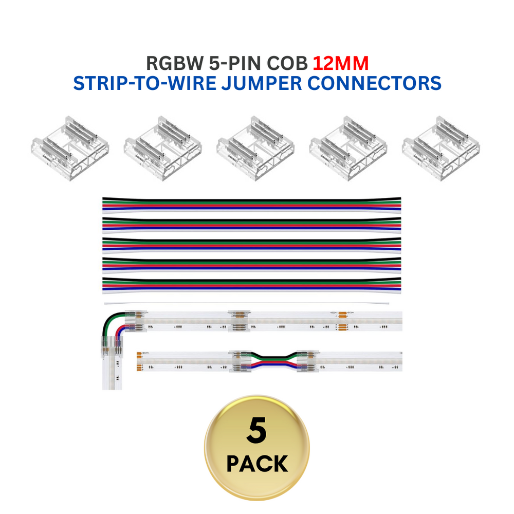 Outdoor Landscape Lighting LED 12V Low Voltage 5-Pack SLD 5-Pin Low Voltage RGBW COB LED Strip Connectors - 12mm Dotless Strip Light Accessories 12mm 5-Pin Strip-to-Wire