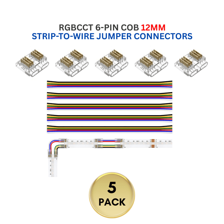 Outdoor Landscape Lighting LED 12V Low Voltage 5-Pack SLD 6-Pin Low Voltage RGBCCT COB LED Strip Connectors - 12mm Dotless Strip Light Accessories 12mm 6-Pin Strip-to-Wire