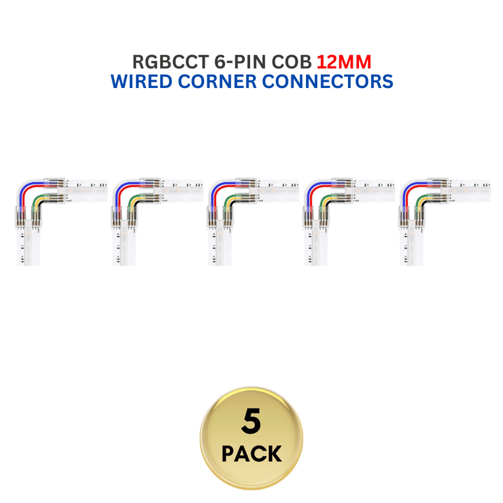 Outdoor Landscape Lighting LED 12V Low Voltage 5-Pack SLD 6-Pin Low Voltage RGBCCT COB LED Strip Connectors - 12mm Dotless Strip Light Accessories 12mm 6-Pin Wired Corner Connector