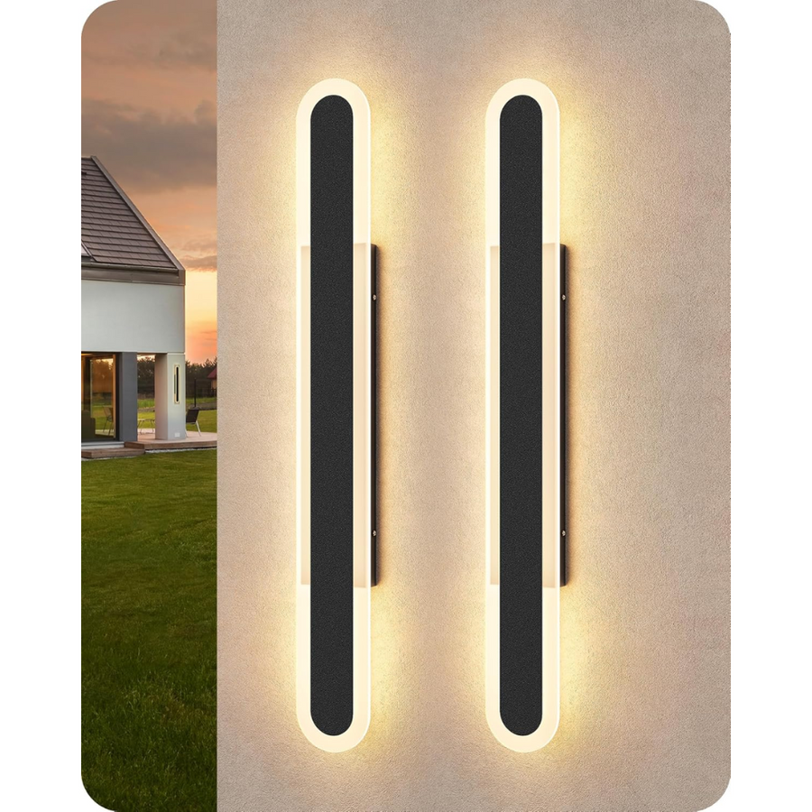 Outdoor Landscape Lighting LED 12V Low Voltage SCH02 2-Pack LED Long Oval Modern Outdoor Wall Sconce Light 1600LM Dimmable 3CCT 3000K/4000K/5000K Iron and Acrylic Integrated LED 28W Line Voltage 120V AC IP65 Waterproof Package for Front Door, Porch, Patio, Garage