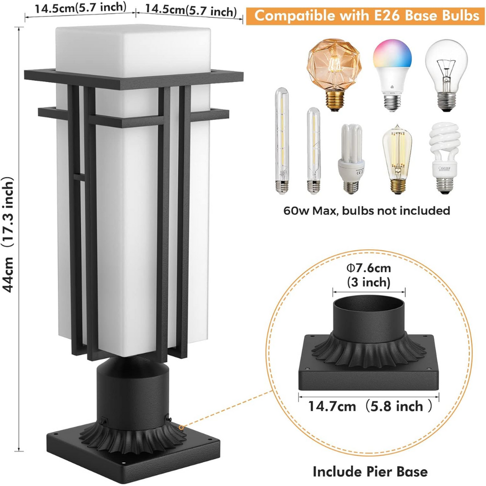 Outdoor Landscape Lighting LED 12V Low Voltage CPLA08 Outdoor Aluminum Post Mounted Lantern Light Post for Pole Lighting Porch Patio Pier With 3" Mount Base E26 Socket Line Voltage 120V AC IP65 Waterproof S - 17.3" (H) x 7.1" (L) x 5.9" (W)