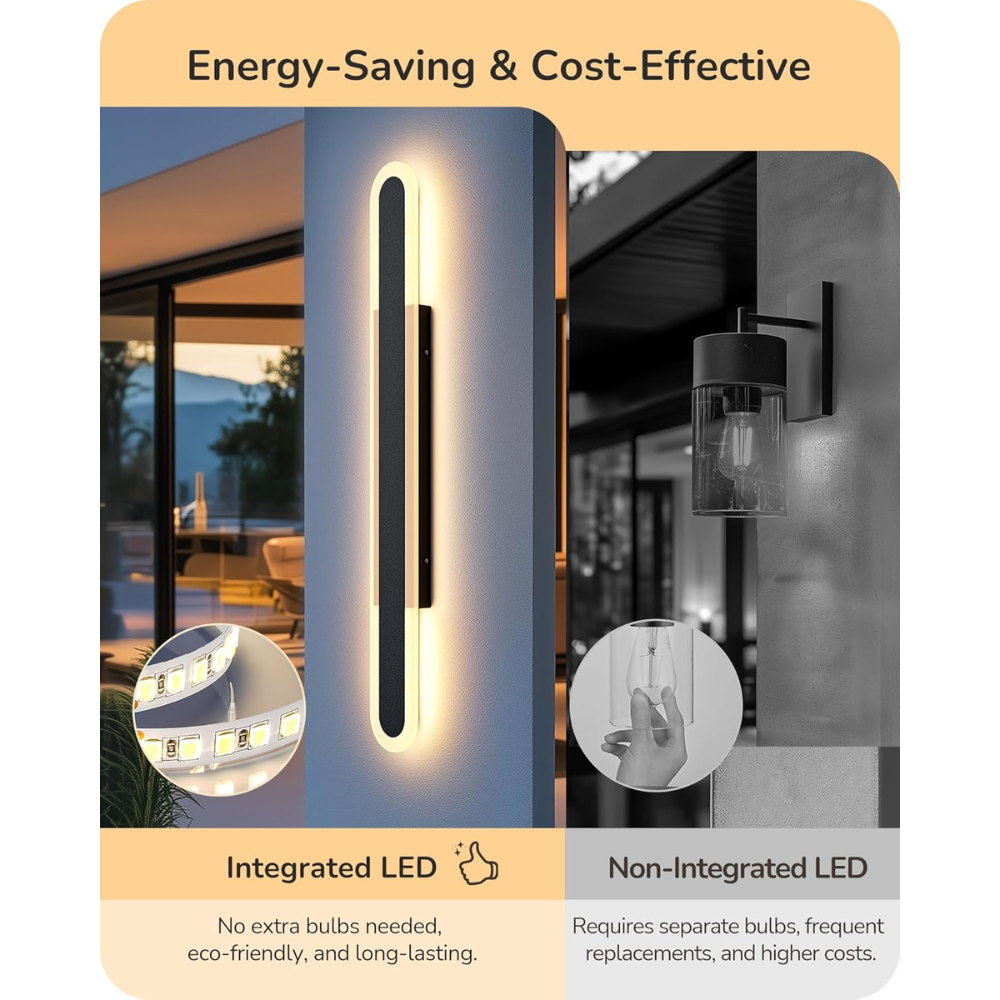 Outdoor Landscape Lighting LED 12V Low Voltage SCH02 2-Pack LED Long Oval Modern Outdoor Wall Sconce Light 1600LM Dimmable 3CCT 3000K/4000K/5000K Iron and Acrylic Integrated LED 28W Line Voltage 120V AC IP65 Waterproof Package for Front Door, Porch, Patio, Garage