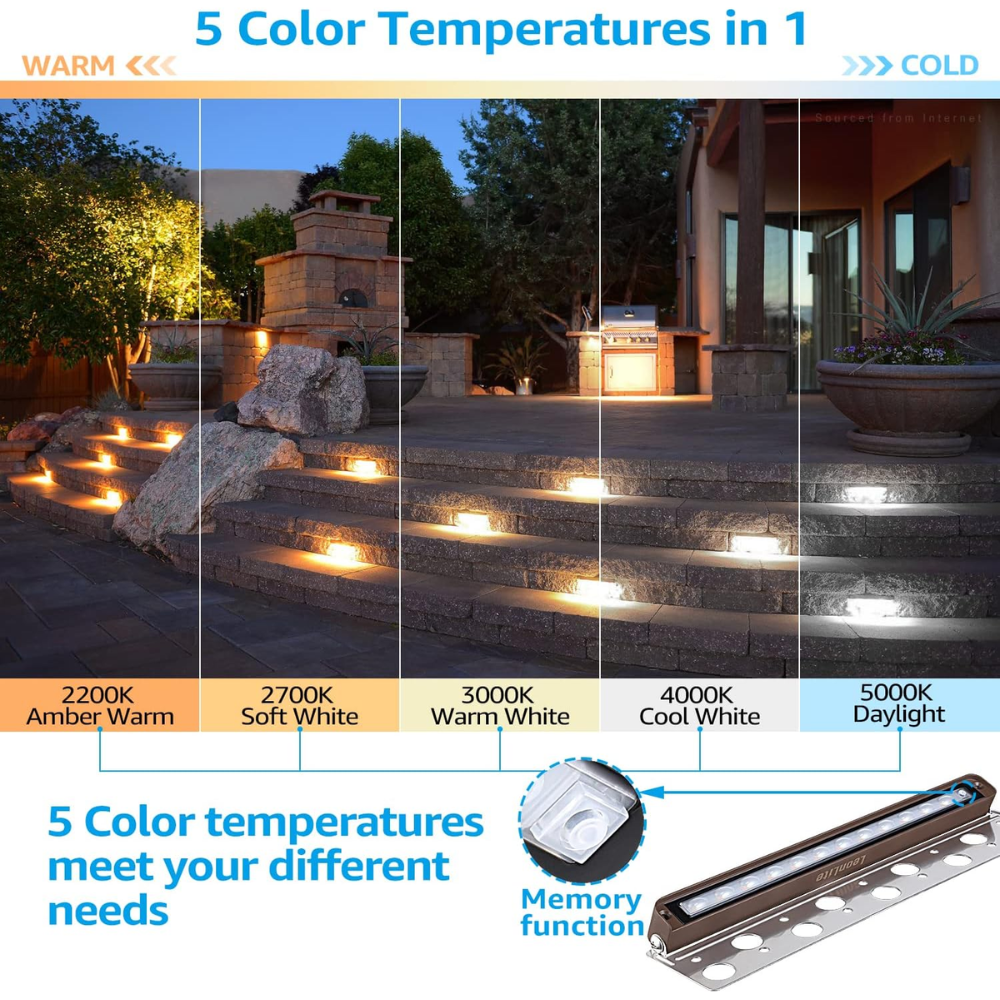 Outdoor Landscape Lighting LED 12V Low Voltage ELA08 8-Pack 12 Inch 5CCT 7W LED Retaining Wall Lights, Hardscape Color Changing 12V Low Voltage Landscape Lights Package