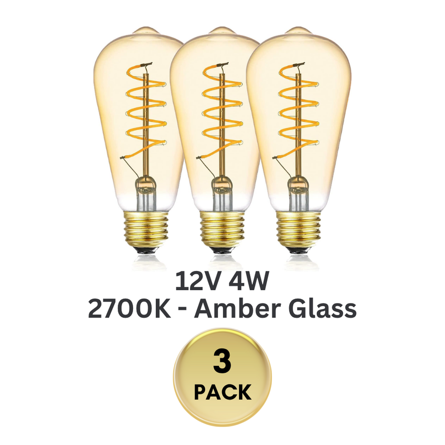 Outdoor Landscape Lighting LED 12V Low Voltage E26 4W 12V-36V 2700K AC/DC LED Spiral Filament Edison Bulbs Package Dimmable Energy Saving Low Voltage Light Bulb 3 Pack 4W Amber Glass 2700K