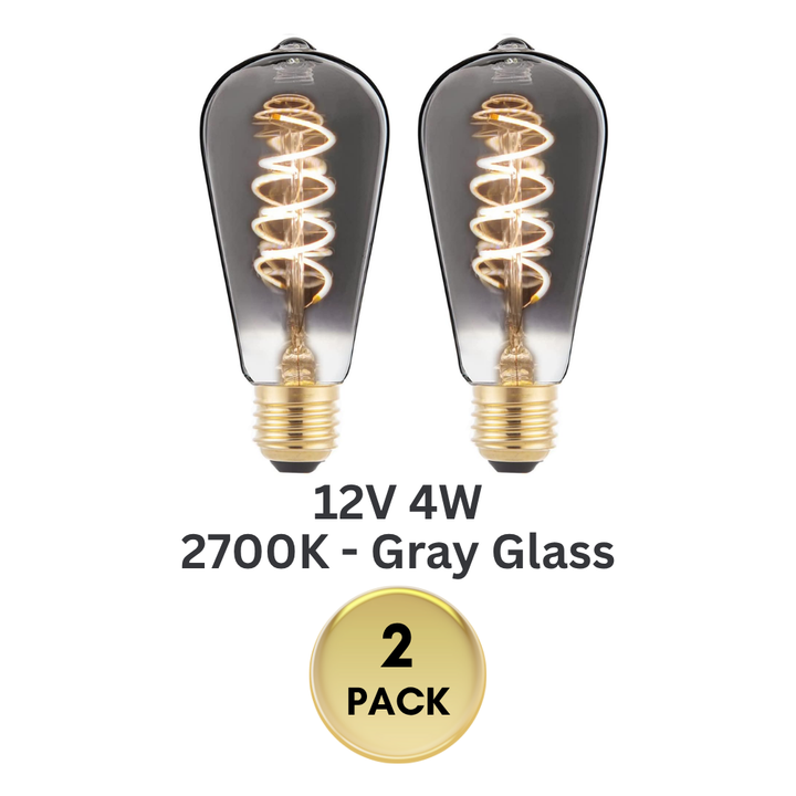 Outdoor Landscape Lighting LED 12V Low Voltage E26 4W 12V-36V 2700K AC/DC LED Spiral Filament Edison Bulbs Package Dimmable Energy Saving Low Voltage Light Bulb 2 Pack 4W Gray Glass 6000K