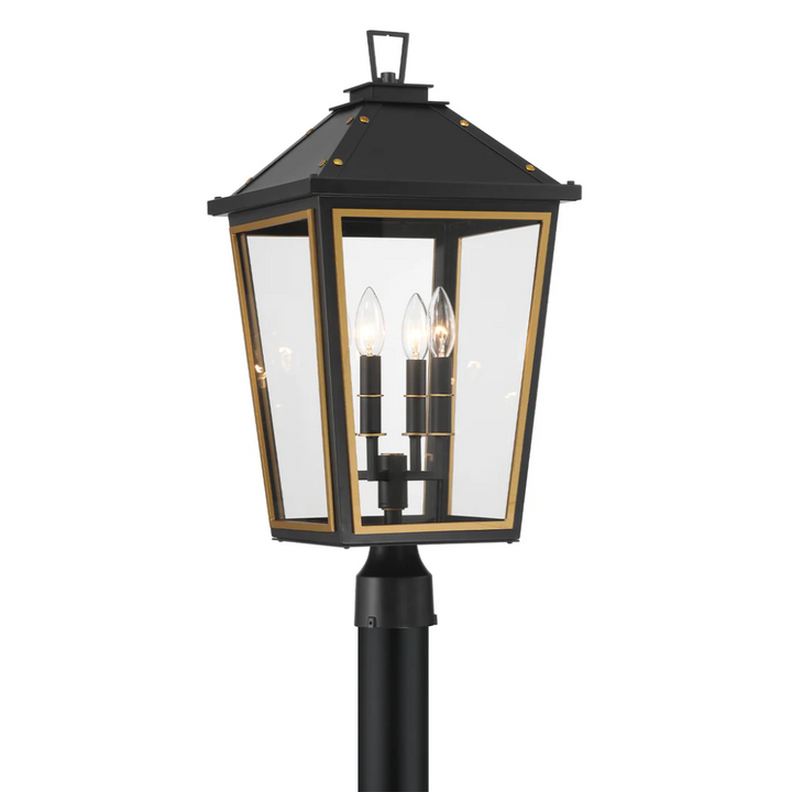 Outdoor Landscape Lighting LED 12V Low Voltage Hawkins 4 Light Outdoor Post Light 12"x25" Stainless Steel and Glass Matte Black with Textured Gold Finish 120V 4 E12 Candelabra Base LED Bulb Sockets Casual Farmhouse Lantern for Patio, Garden, Exterior Posts