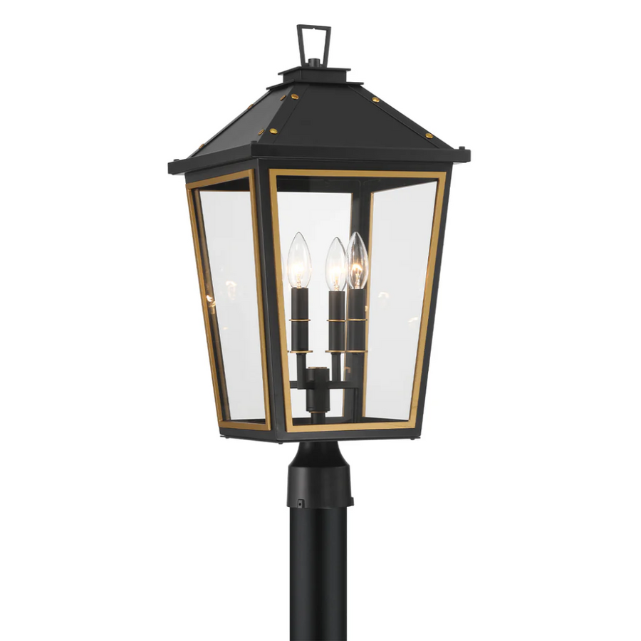 Outdoor Landscape Lighting LED 12V Low Voltage Hawkins 4 Light Outdoor Post Light 12"x25" Stainless Steel and Glass Matte Black with Textured Gold Finish 120V 4 E12 Candelabra Base LED Bulb Sockets Casual Farmhouse Lantern for Patio, Garden, Exterior Posts