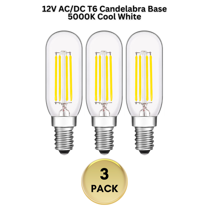 Outdoor Landscape Lighting LED 12V Low Voltage E12 4W Filament 12V AC/DC Candelabra and Small Base Package Low Voltage LED Light Bulbs Dimmable Energy Saving Light Bulb 3-Pack T6 Candelabra Base 5000K Cool White