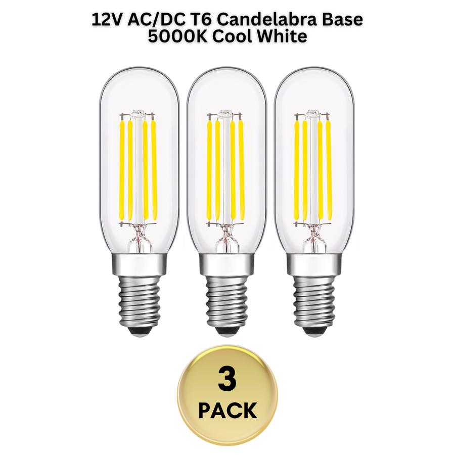 Outdoor Landscape Lighting LED 12V Low Voltage E12 4W Filament 12V AC/DC Candelabra and Small Base Package Low Voltage LED Light Bulbs Dimmable Energy Saving Light Bulb 3-Pack T6 Candelabra Base 5000K Cool White