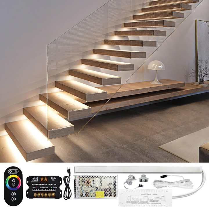 Outdoor Landscape Lighting LED 12V Low Voltage SLMS03 Intelligent LED COB Strip Light Stair Light Kit 10, 16 or 20 Stairs with Remote Control, Motion Sensor, RGB and Tunable 3000K-6000K