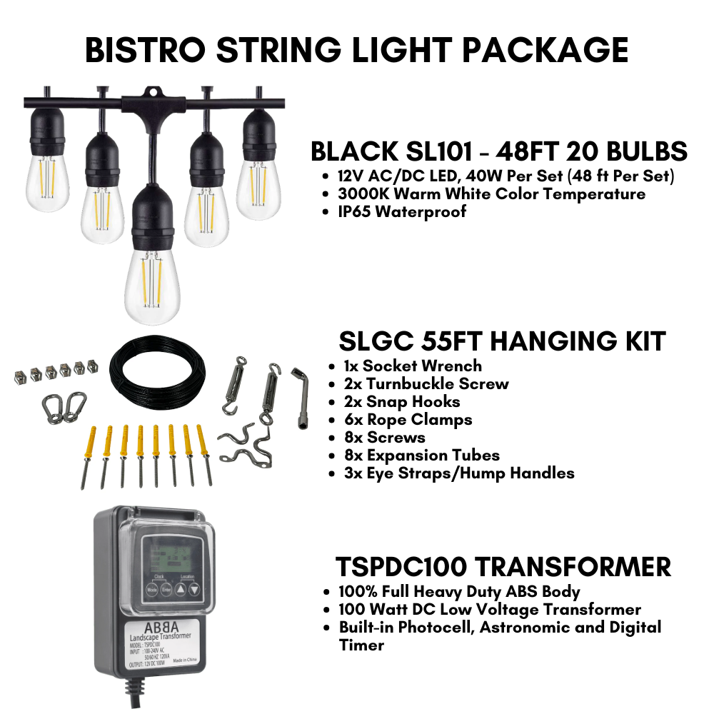 Outdoor Landscape Lighting LED 12V Low Voltage SL101 LED Low Voltage Bistro String Lights 48 FT Outdoor Weatherproof 12V Edison Bulbs with 100W DC Transformer and 55ft Hanging Kit Package Deal