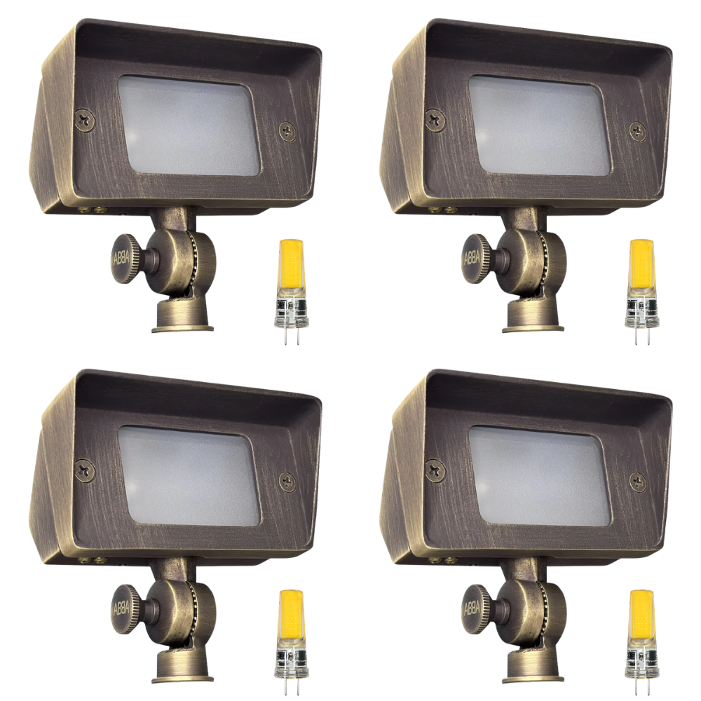 Outdoor Landscape Lighting LED 12V Low Voltage FPB01 4x/8x/12x Package Brass Rectangular LED Directional Floodlight Adjustable Lighting with G4 3W 3000K Bulb 4 Pack Natural Brass