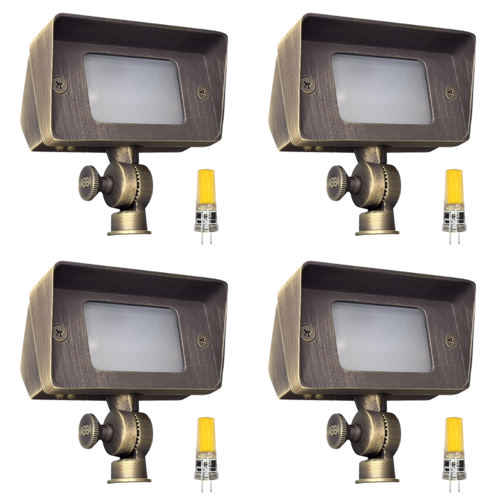 Outdoor Landscape Lighting LED 12V Low Voltage FPB01 4x/8x/12x Package Brass Rectangular LED Directional Floodlight Adjustable Lighting with G4 3W 3000K Bulb 4 Pack Natural Brass