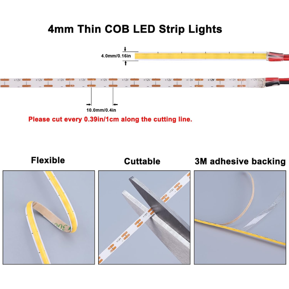 Outdoor Landscape Lighting LED 12V Low Voltage SLD23 Dotless Linear LED Dimmable, 2.13W/ft 16.4ft COB Strip Lights IP20 Low Voltage 4mm DC12V Diffused Tape Light