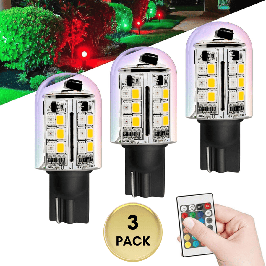 Outdoor Landscape Lighting LED 12V Low Voltage 3-Pack T10 T5 Wedge Based LED Bulb 2700K Warm White 3W 12V-24V AC/DC 230LM, Color Changing RGB + Warm White Remote-Controlled Low Voltage Light Bulb for Outdoor Landscape Lighting