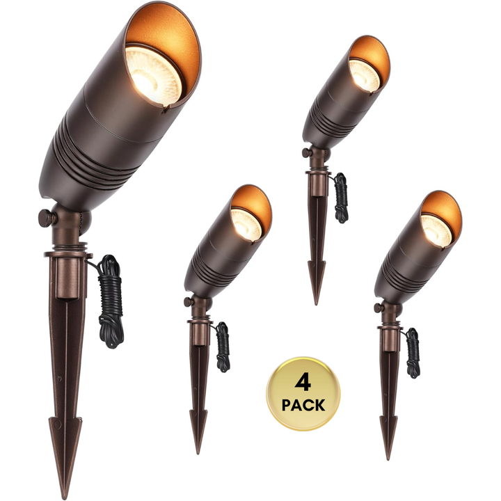 Outdoor Landscape Lighting LED 12V Low Voltage CDA02 4-Pack 9W 5CCT 2200K/2700K/3000K/4000K/5000K Selectable Integrated LED Bronze Aluminum Outdoor Spotlight Directional 12V AC/DC Low Voltage Landscape Lighting Package