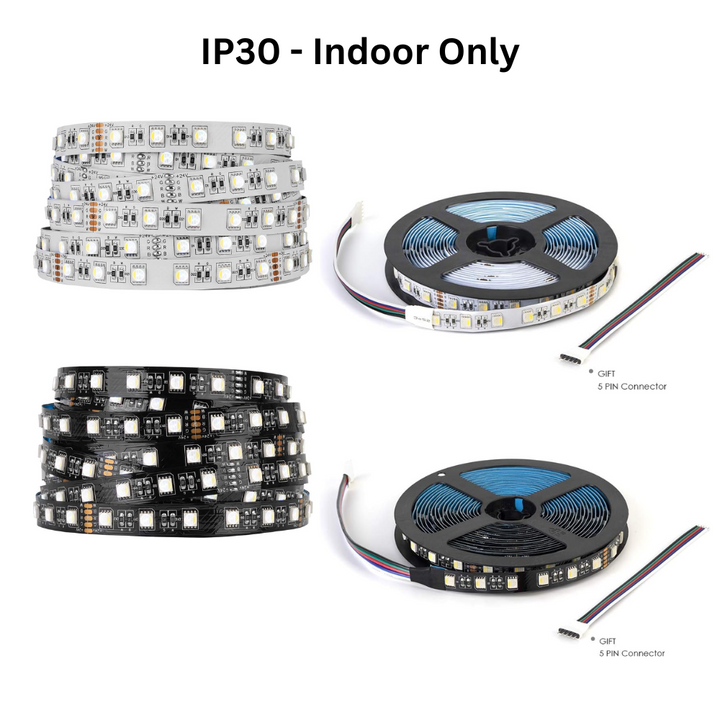 Outdoor Landscape Lighting LED 12V Low Voltage SL06 7.3W/ft 14mm Strip Light RGB + Warm White 3000K-3500K or Cool White 6000K-7000K 5050 DC24V Low Voltage LED Outdoor IP68 Submersible UL SMD Tape Light with Black or White PCB DC24V RGB + Cool White Black PCB IP30 Indoor