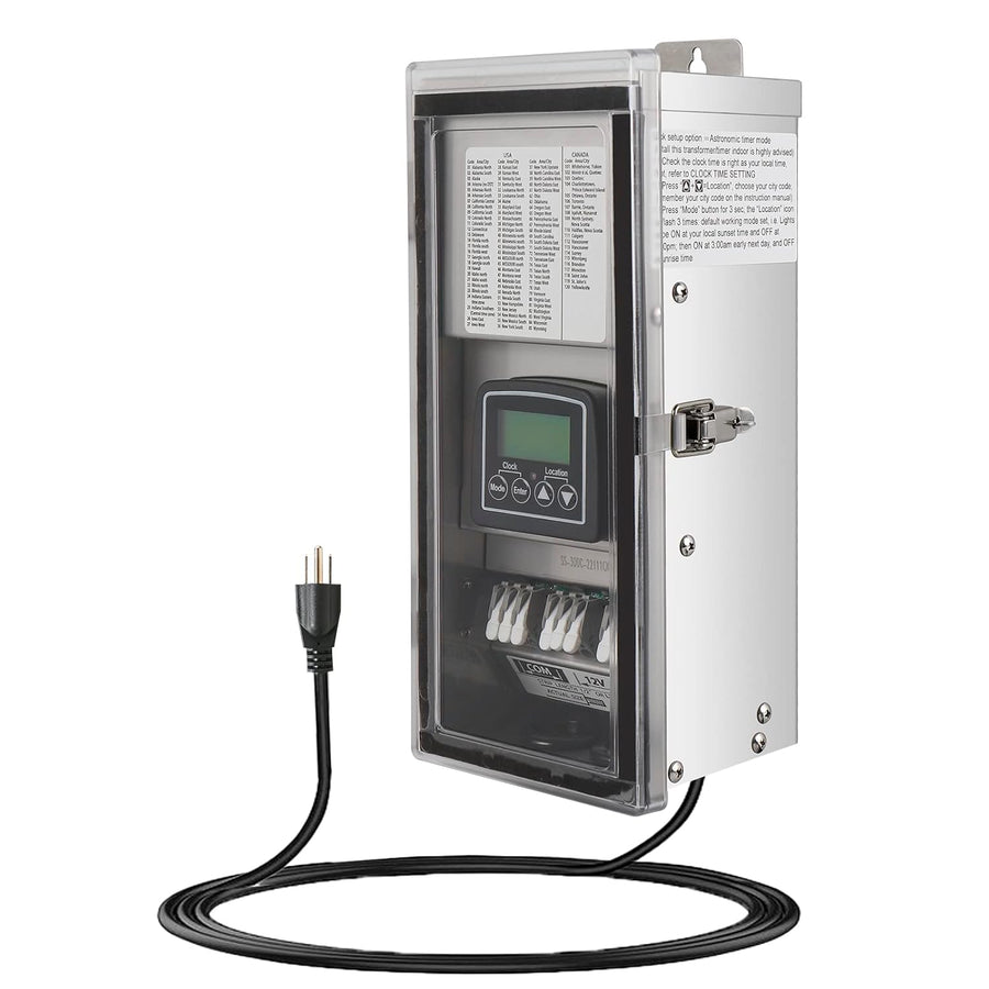 Outdoor Landscape Lighting LED 12V Low Voltage STSA300 AC 300W Stainless Steel Low Voltage Transformer, 12V/15V, Digital Timer & Photocell, IP65 Waterproof