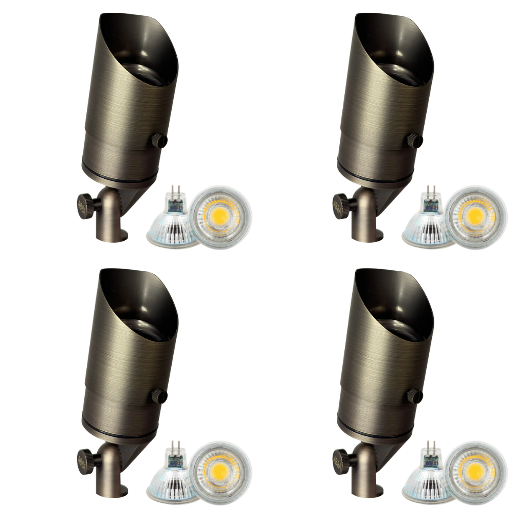Outdoor Landscape Lighting LED 12V Low Voltage SPB05 4x/8x/12x Package LED Landscape Low Voltage Spotlight Adjustable Outdoor Lighting with MR16 5W 3000K Bulb Natural Brass 4 Pack